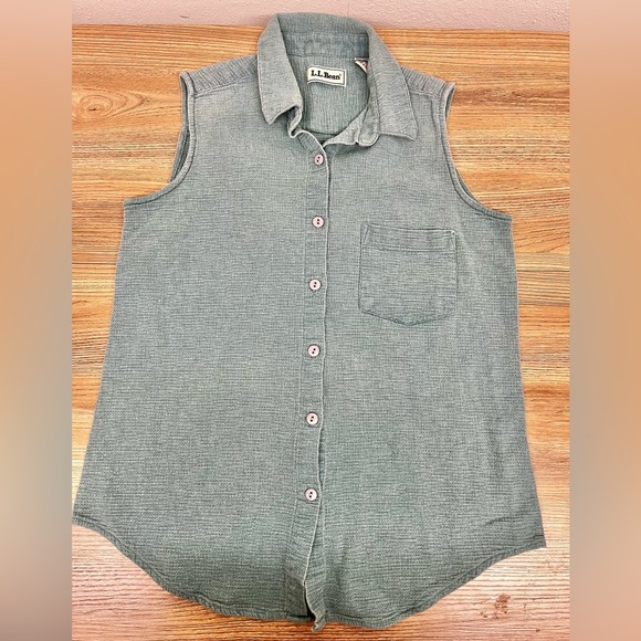 Vintage LL Bean Top Size 8 Aqua Blue and White Cotton Sleeveless Tunic Button Up - Picture 3 of 8